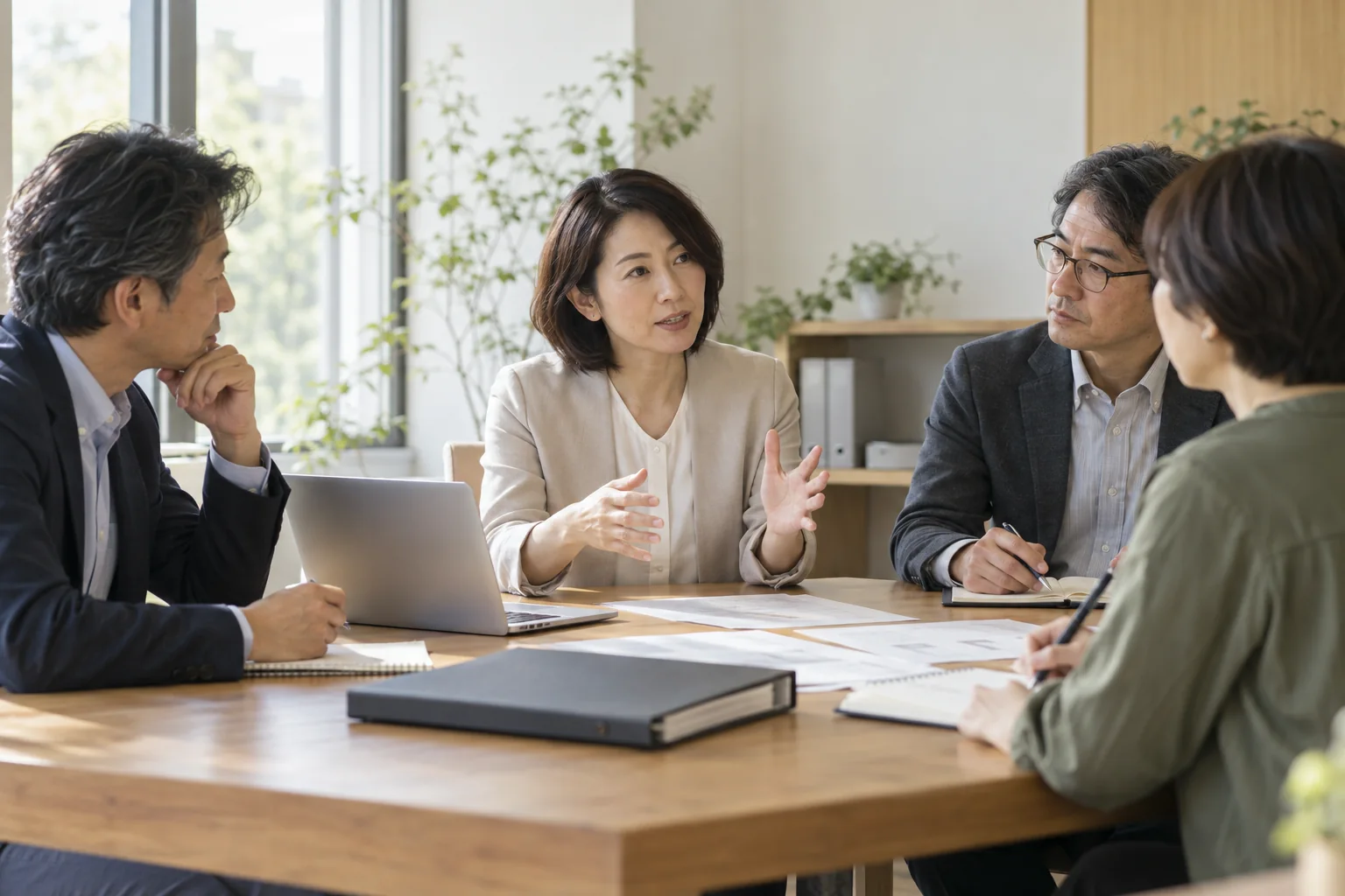 テーブルを囲んで対話するチーム。引き継ぎと情報共有の記事のイメージ